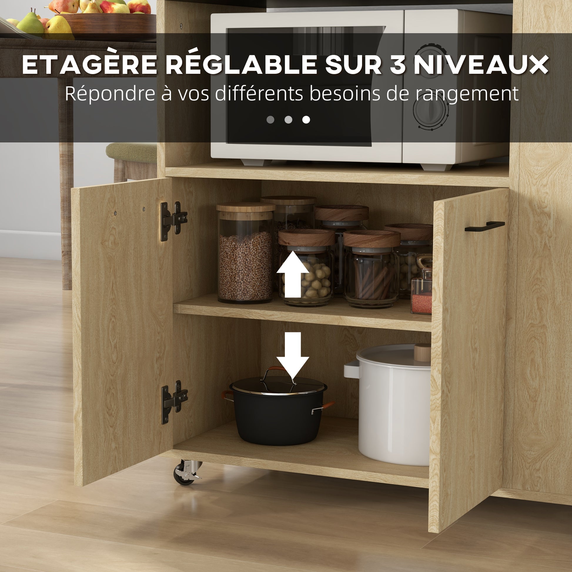 Rolling Kitchen Cart Service Trolley Adjustable Shelf Storage Unit for Kitchen and Living Room 75 x 40 x 80.5 cm Natural Wood Black