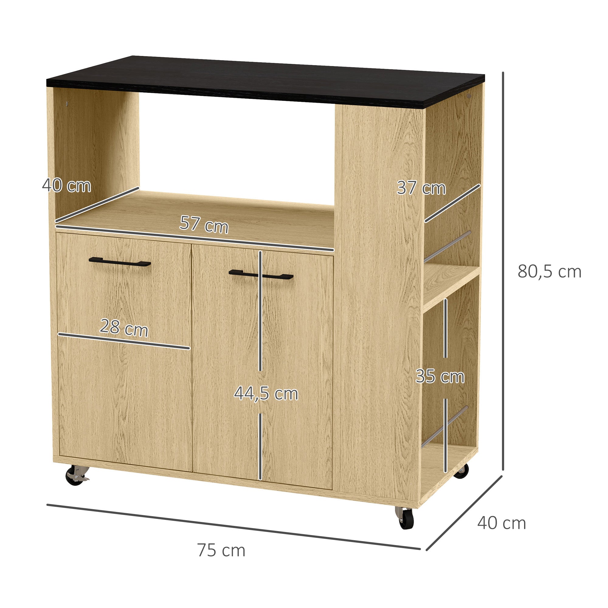Rolling Kitchen Cart Service Trolley Adjustable Shelf Storage Unit for Kitchen and Living Room 75 x 40 x 80.5 cm Natural Wood Black