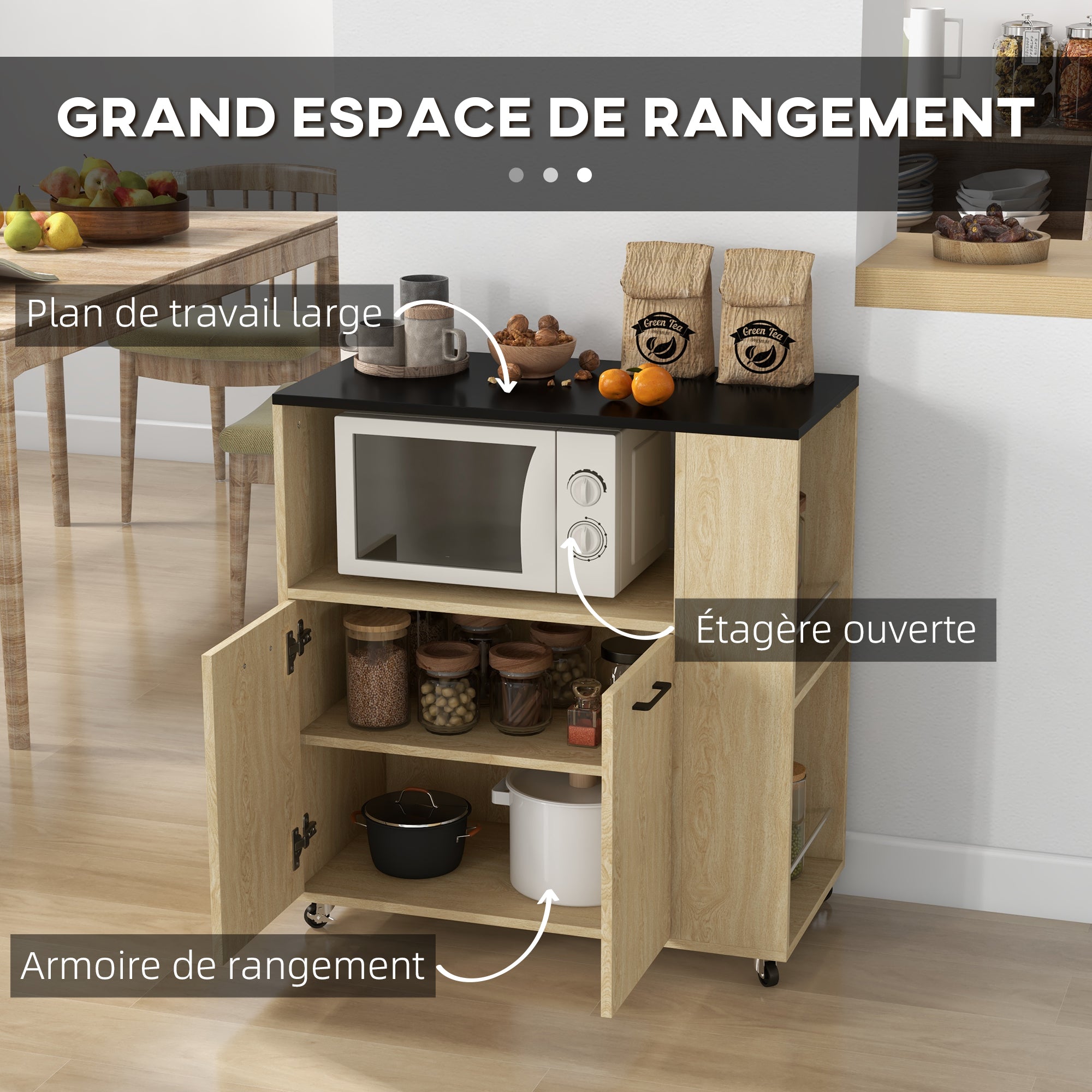 Rolling Kitchen Cart Service Trolley Adjustable Shelf Storage Unit for Kitchen and Living Room 75 x 40 x 80.5 cm Natural Wood Black