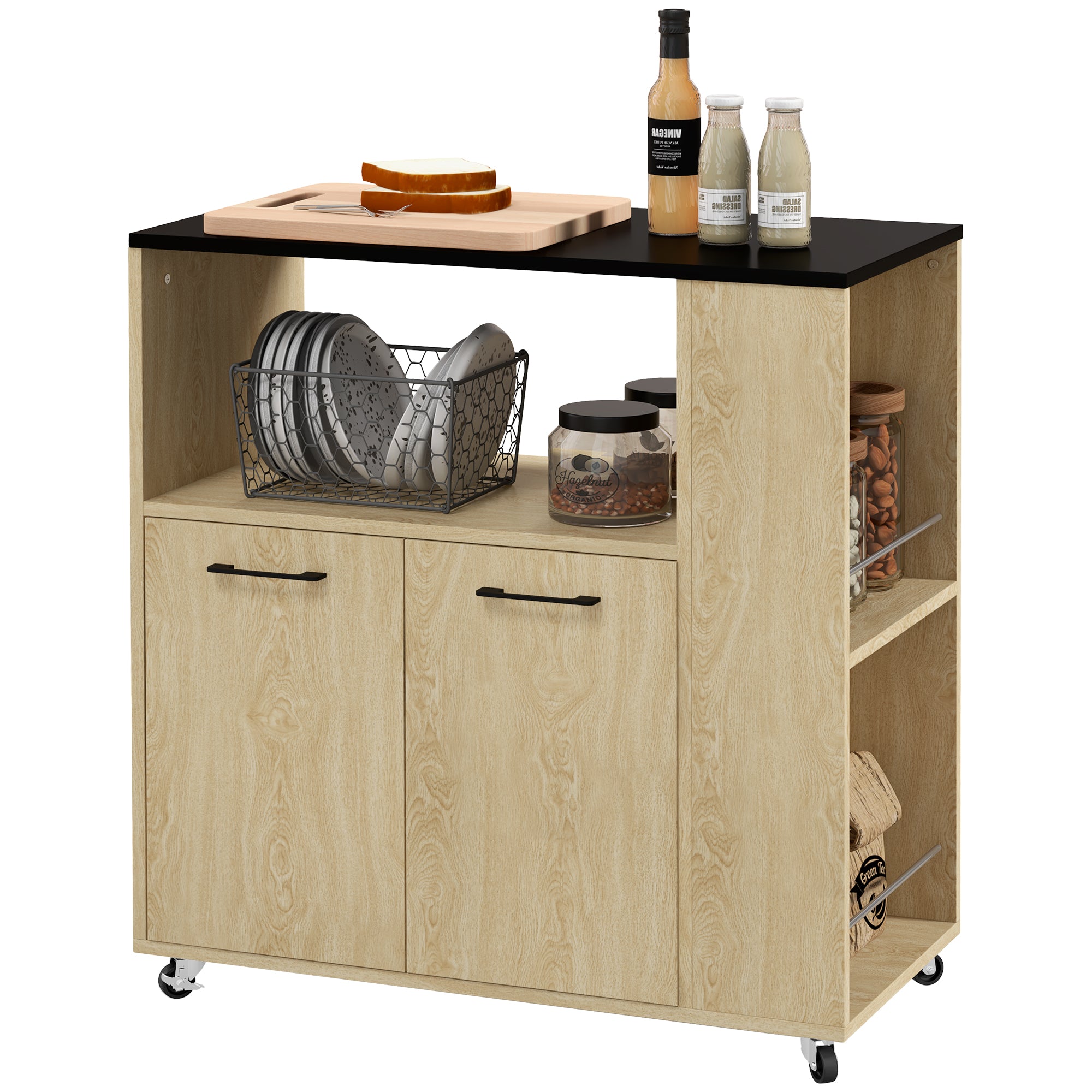 Rolling Kitchen Cart Service Trolley Adjustable Shelf Storage Unit for Kitchen and Living Room 75 x 40 x 80.5 cm Natural Wood Black