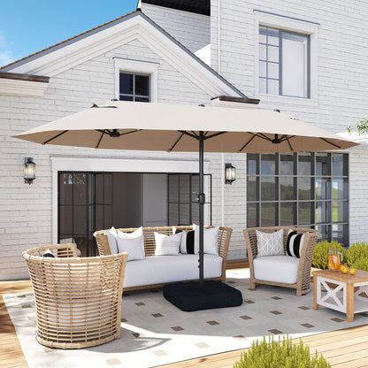 Outdoor Garden Parasol Double Rectangular Parasol 4.6L x 2.7W x 2.4H m with Crank Opening Closing, Sandbags and Base Included, for Balcony, Pool, Khaki