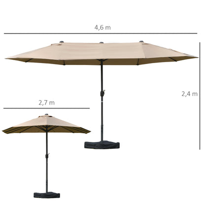 Outdoor Garden Parasol Double Rectangular Parasol 4.6L x 2.7W x 2.4H m with Crank Opening Closing, Sandbags and Base Included, for Balcony, Pool, Khaki