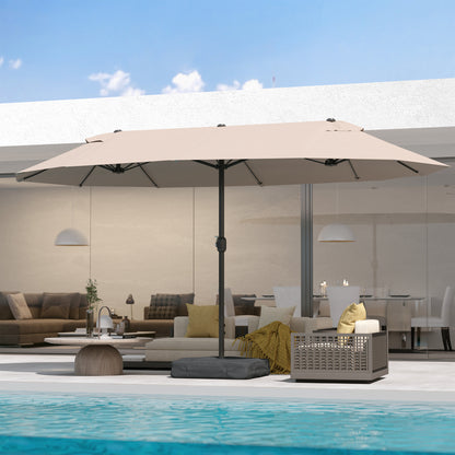 Outdoor Garden Parasol Double Rectangular Parasol 4.6L x 2.7W x 2.4H m with Crank Opening Closing, Sandbags and Base Included, for Balcony, Pool, Khaki