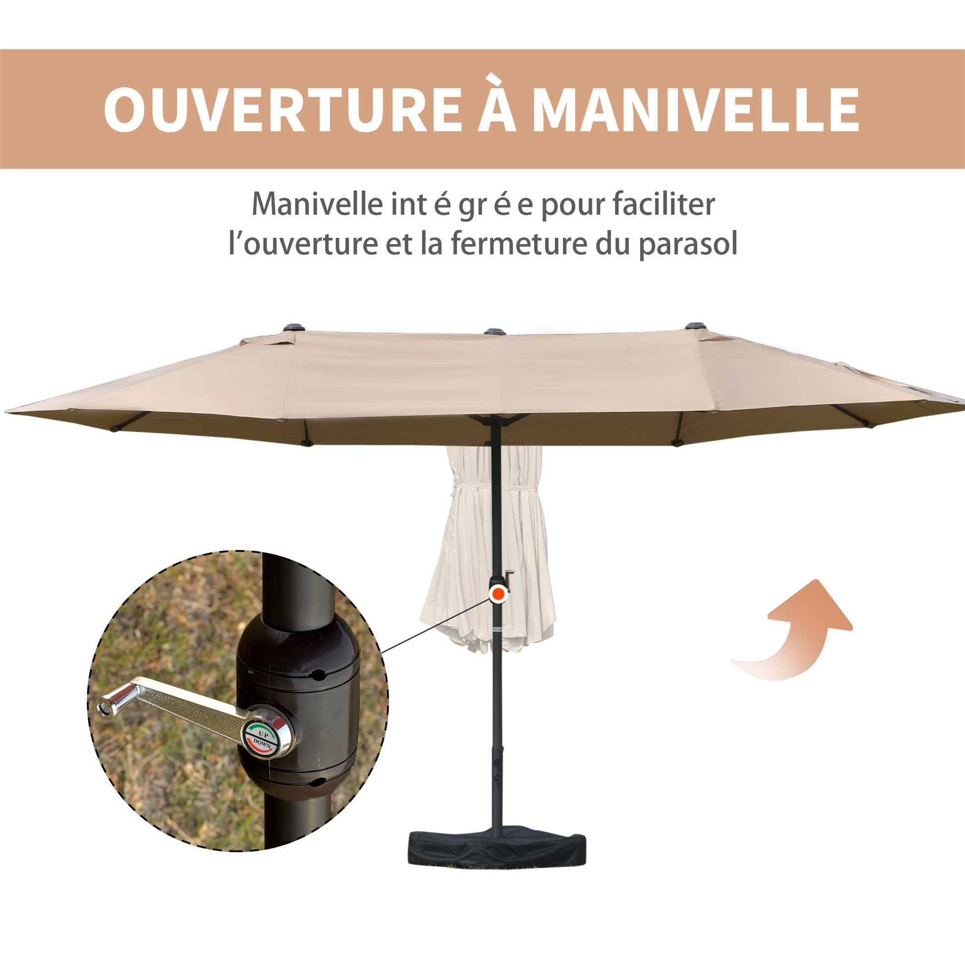 Outdoor Garden Parasol Double Rectangular Parasol 4.6L x 2.7W x 2.4H m with Crank Opening Closing, Sandbags and Base Included, for Balcony, Pool, Khaki
