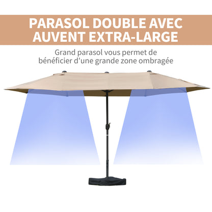 Outdoor Garden Parasol Double Rectangular Parasol 4.6L x 2.7W x 2.4H m with Crank Opening Closing, Sandbags and Base Included, for Balcony, Pool, Khaki