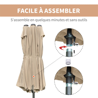 Outdoor Garden Parasol Double Rectangular Parasol 4.6L x 2.7W x 2.4H m with Crank Opening Closing, Sandbags and Base Included, for Balcony, Pool, Khaki