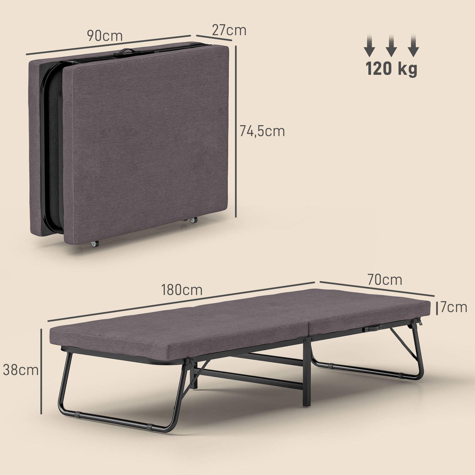 Folding Bed 70x180 cm with Foam Mattress Folding Bed Furniture with 5-Position Adjustable Backrest and Wheels Guest Bed Load 120 kg Brown