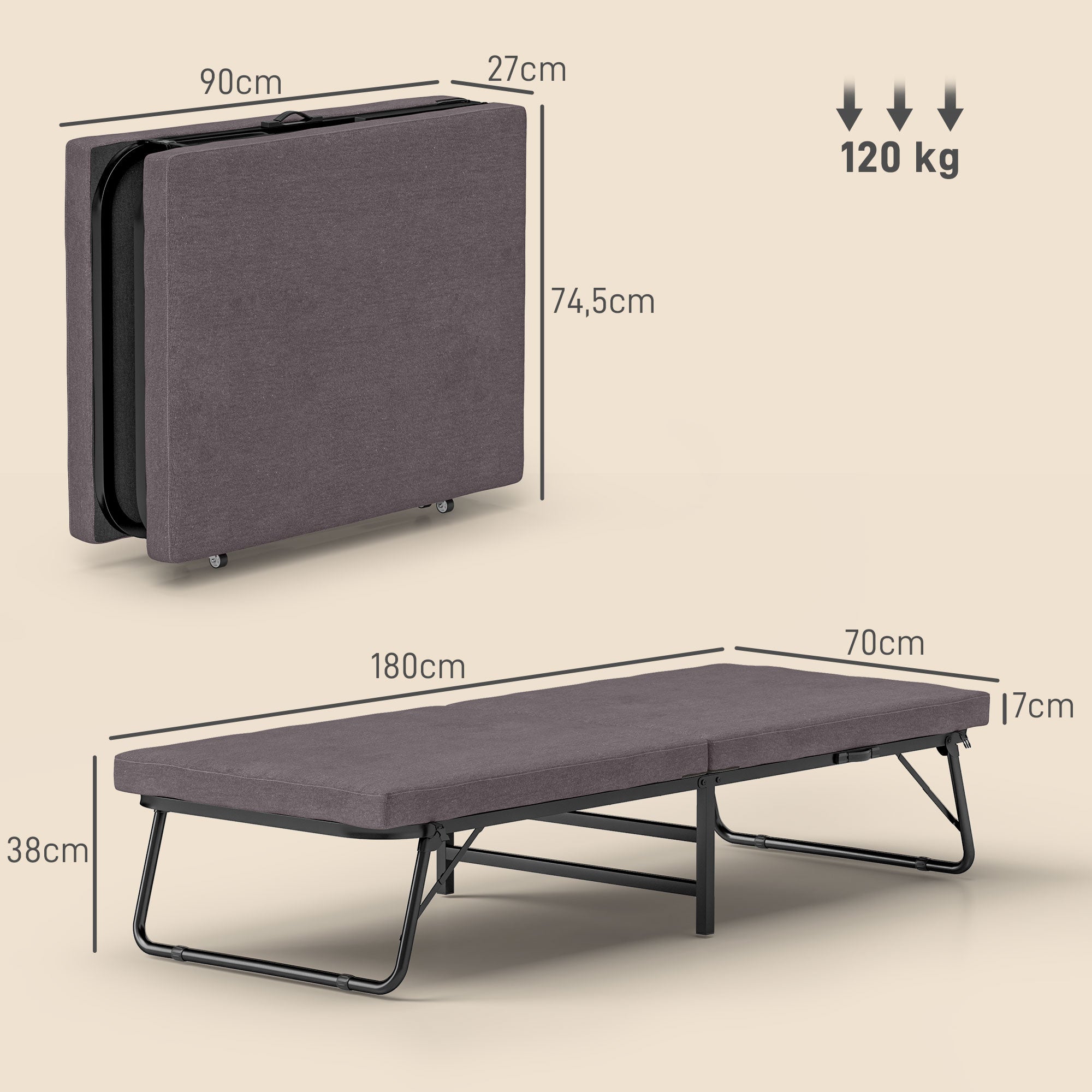 Folding Bed 70x180 cm with Foam Mattress Folding Bed Furniture with 5-Position Adjustable Backrest and Wheels Guest Bed Load 120 kg Brown