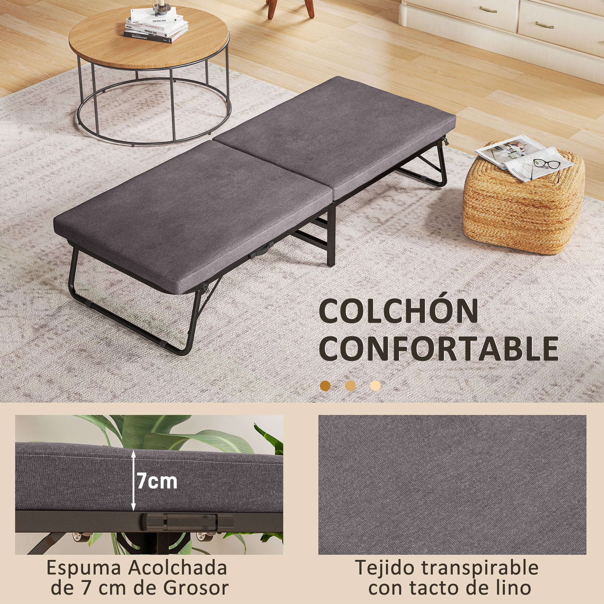 Folding Bed 70x180 cm with Foam Mattress Folding Bed Furniture with 5-Position Adjustable Backrest and Wheels Guest Bed Load 120 kg Brown