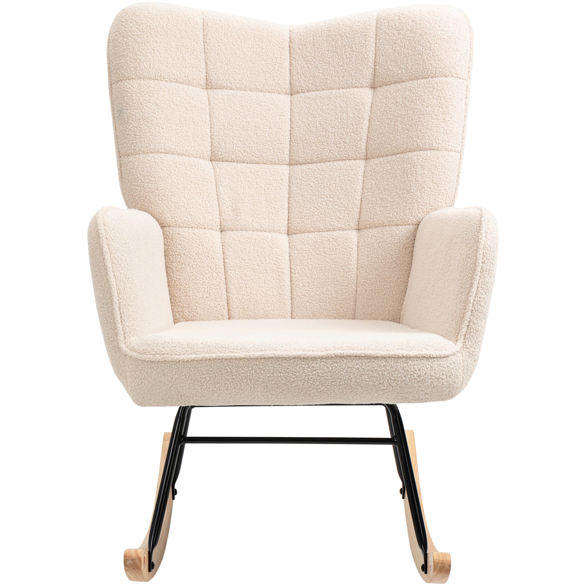 Schaukelstuhl, Schaukelsessel mit Berbervliesoptik, Armlehne, Gepolsterter Sessel mit Holzkufen, Relaxsessel für Wohnzimmer, Schlafzimmer, bis 120kg belastbar, Beige