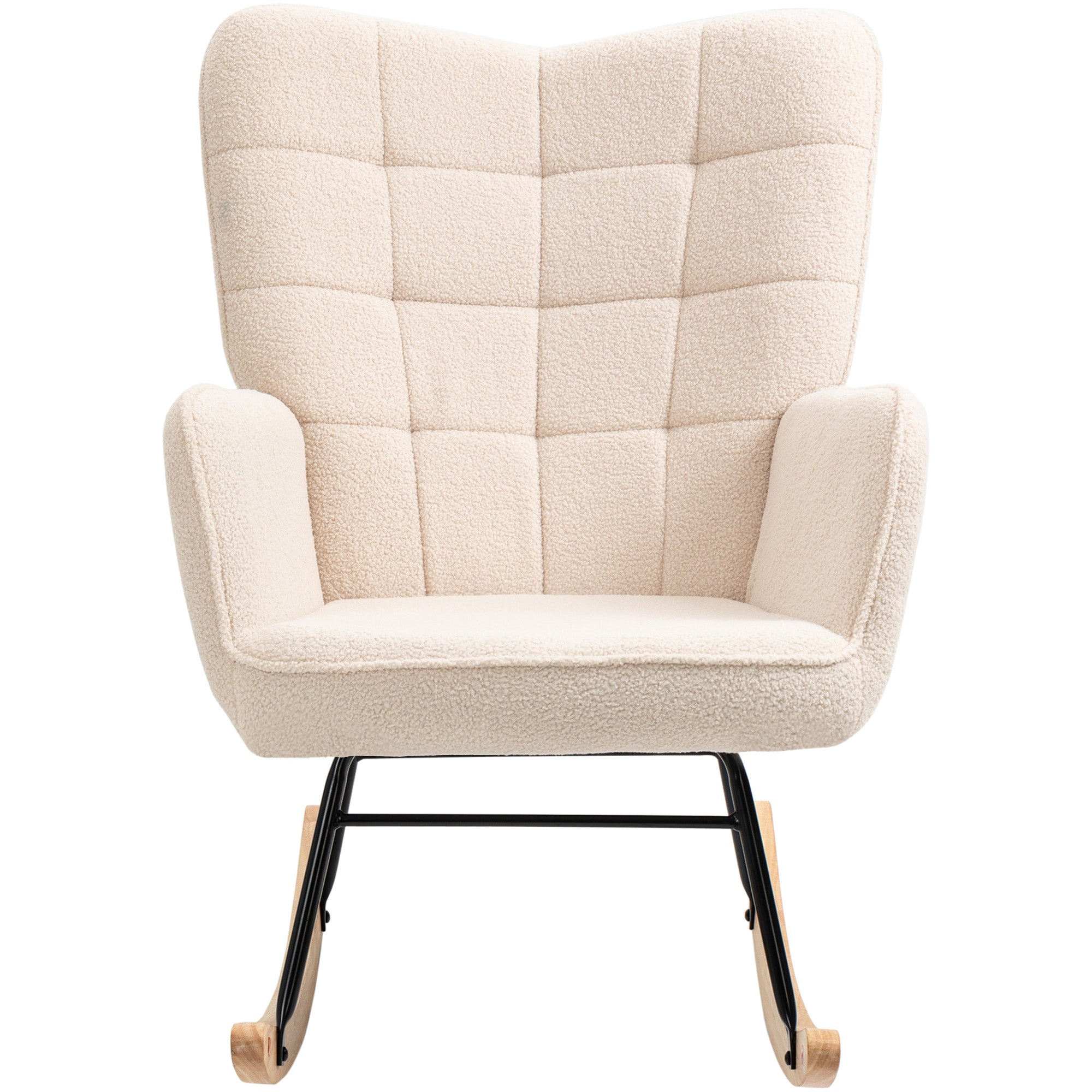 Schaukelstuhl, Schaukelsessel mit Berbervliesoptik, Armlehne, Gepolsterter Sessel mit Holzkufen, Relaxsessel für Wohnzimmer, Schlafzimmer, bis 120kg belastbar, Beige
