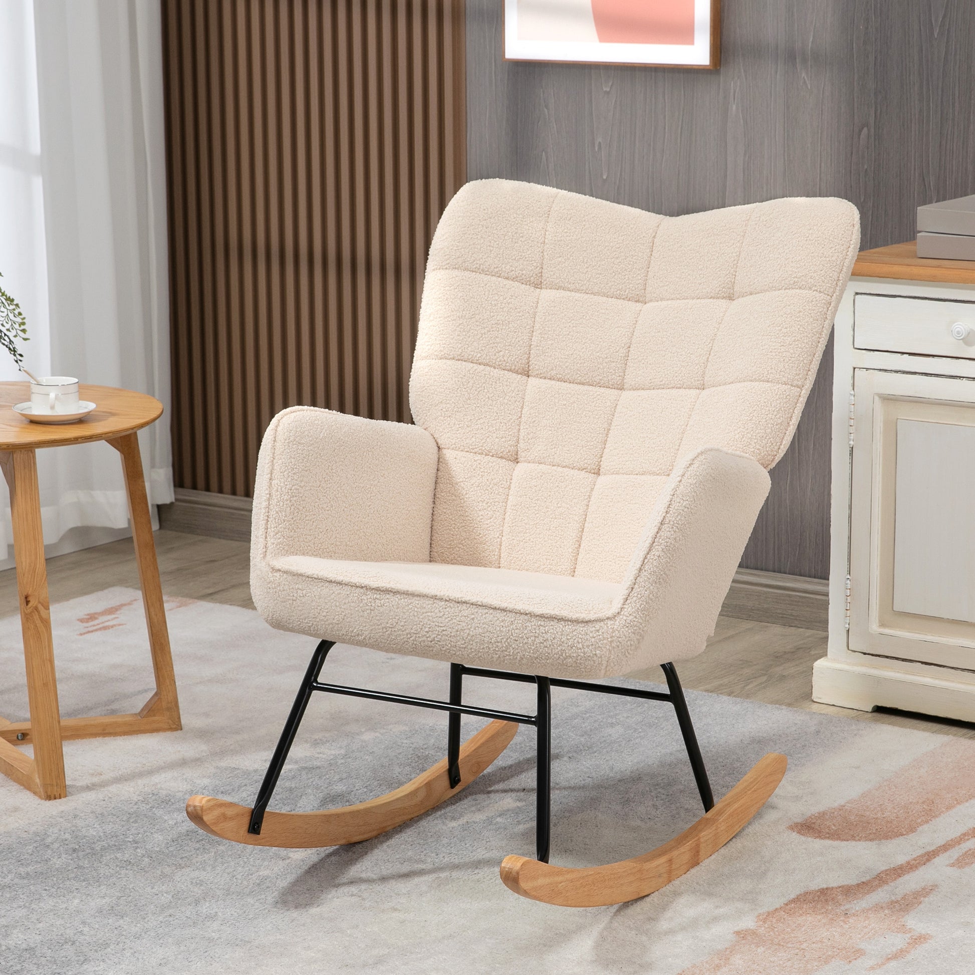 Rocking Chair, Rocking Armchair with Berber Fleece Look, Armrest, Padded Chair with Wooden Runners, Relax Armchair for Living Room, Bedroom, Up to 120kg Load Capacity, Beige