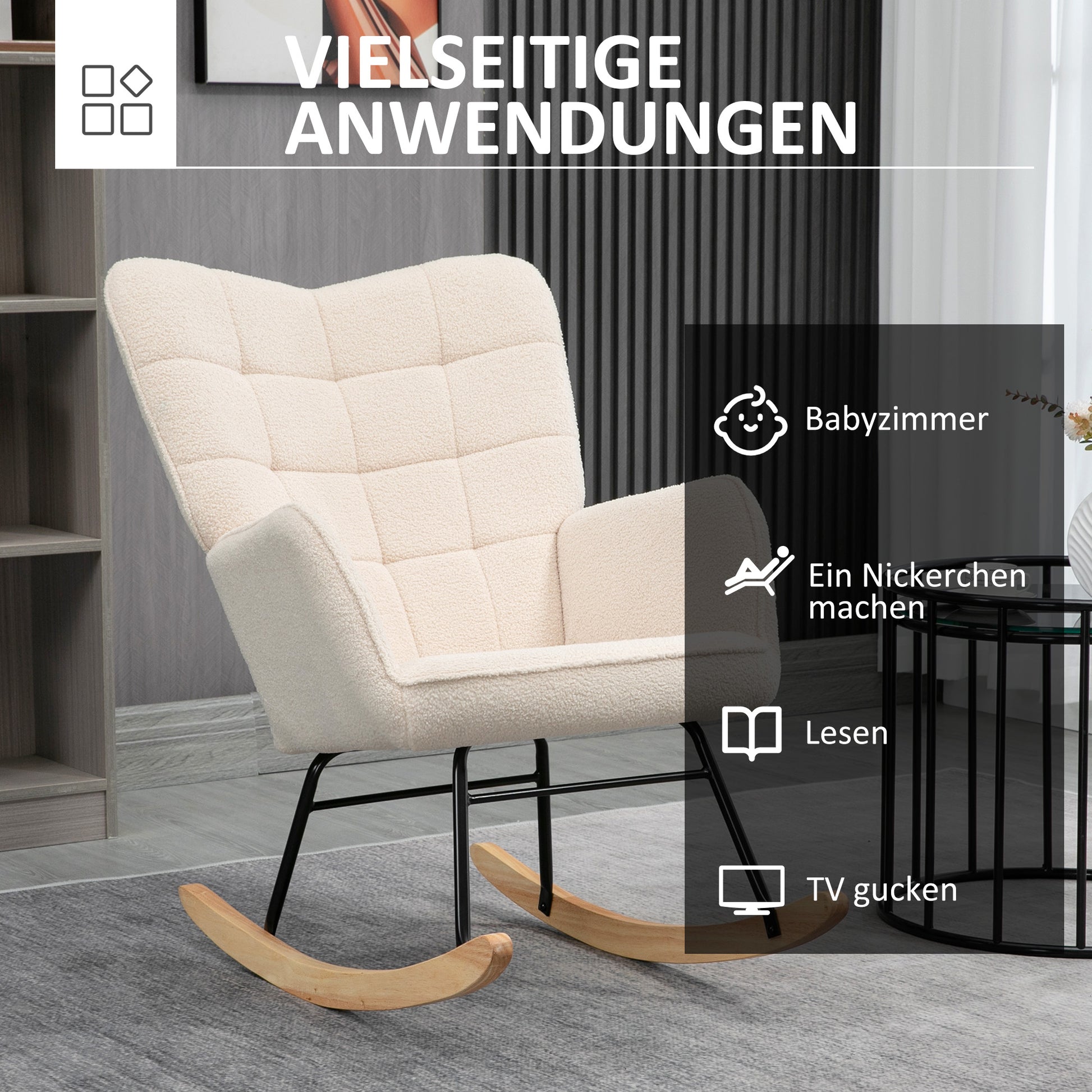 Rocking Chair, Rocking Armchair with Berber Fleece Look, Armrest, Padded Chair with Wooden Runners, Relax Armchair for Living Room, Bedroom, Up to 120kg Load Capacity, Beige