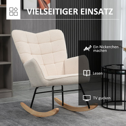 Schaukelstuhl, Schaukelsessel mit Berbervliesoptik, Armlehne, Gepolsterter Sessel mit Holzkufen, Relaxsessel für Wohnzimmer, Schlafzimmer, bis 120kg belastbar, Beige