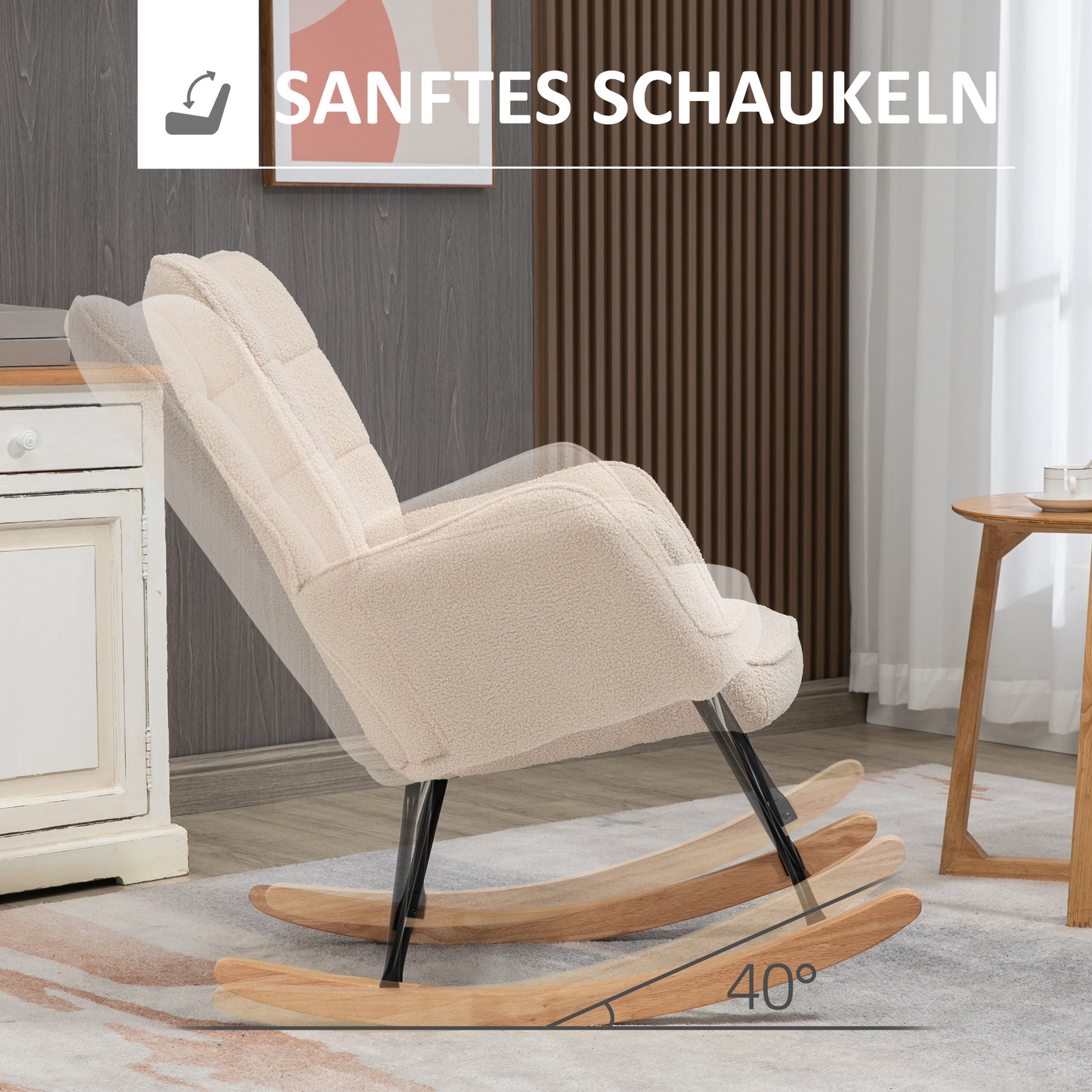Rocking Chair, Rocking Armchair with Berber Fleece Look, Armrest, Padded Chair with Wooden Runners, Relax Armchair for Living Room, Bedroom, Up to 120kg Load Capacity, Beige