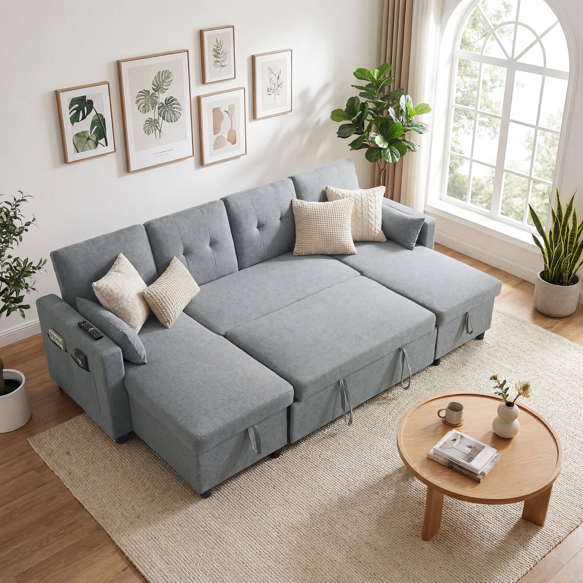 U-Shaped 4-Seater Sectional Sofa Bed with Storage — 3-in-1 Convertible Couch with Chaise, Adjustable Backrests, Linen-Look, Gray