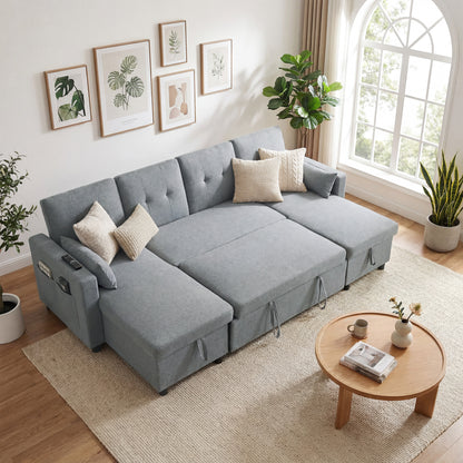 U-Shaped 4-Seater Sectional Sofa Bed with Storage — 3-in-1 Convertible Couch with Chaise, Adjustable Backrests, Linen-Look, Gray
