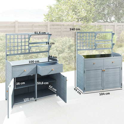 Light Gray Outdoor Potting Bench with Cabinet & Galvanized Worktop, 2 Drawers — 104 x 44 x 140 cm (41 x 17.3 x 55.1 in)