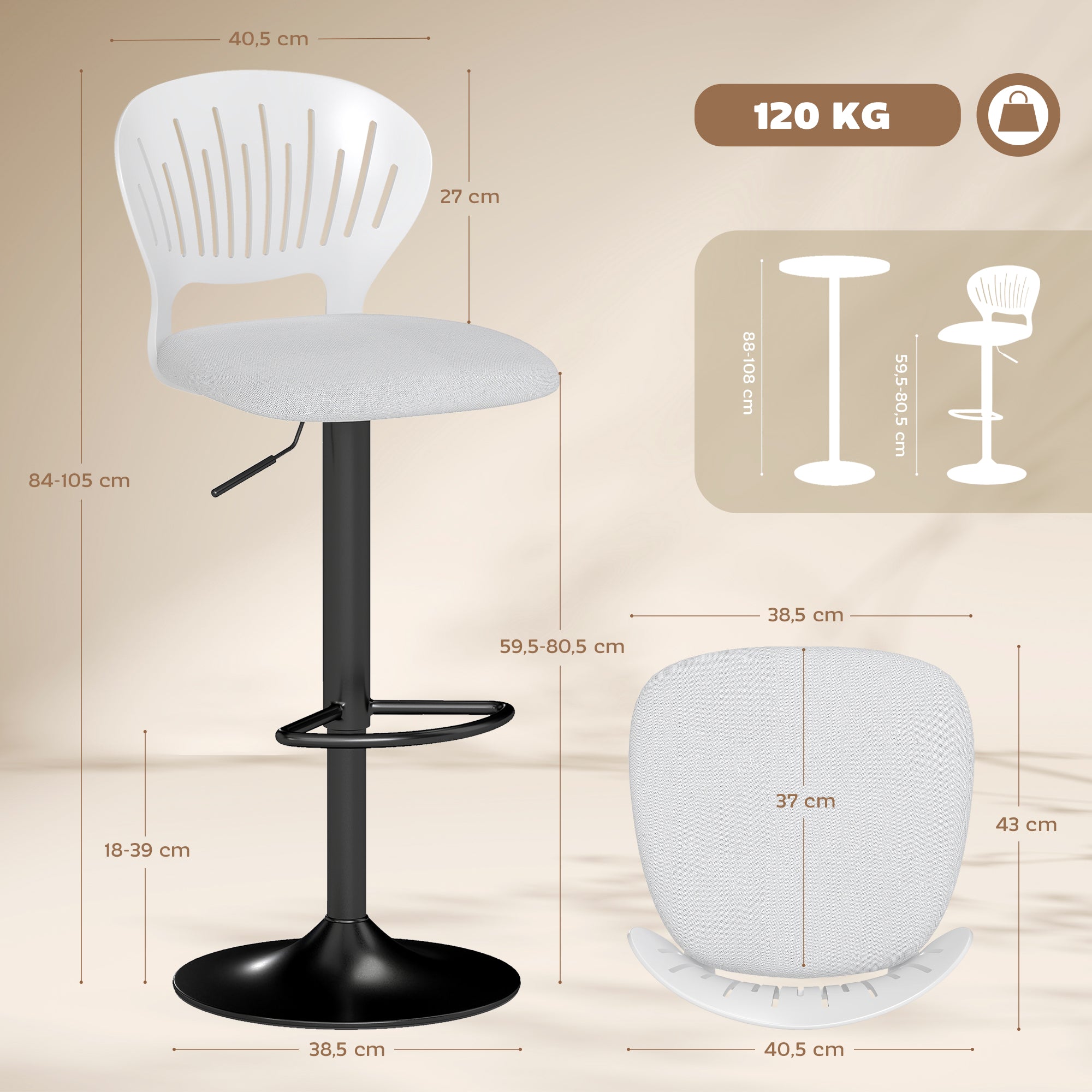 2-Pack Swivel Bar Stools — Height Adjustable Seat 23.4–31.7 in, Breathable Back & Footrest, White