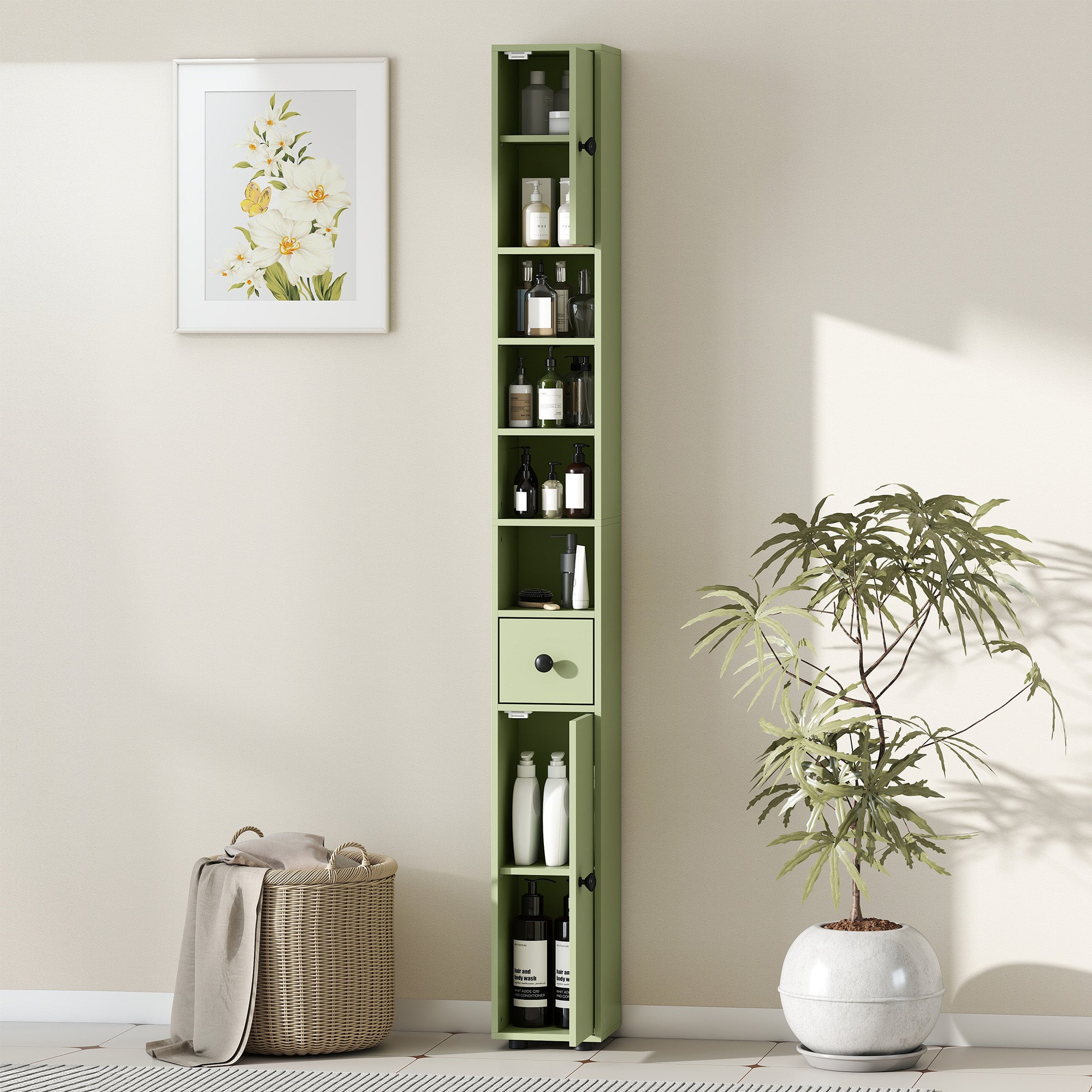 Slim Tall Bathroom Cabinet — Narrow Toilet Storage with Drawer & 4 Open Shelves, Ideal for Small Bathrooms & Living Rooms, 20 x 20 x 180 cm (7.9 x 7.9 x 71 in), Green