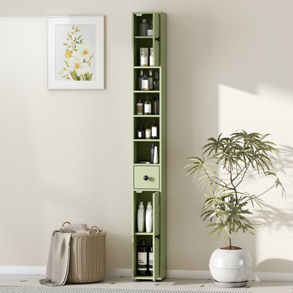 Slim Tall Bathroom Cabinet — Narrow Toilet Storage with Drawer & 4 Open Shelves, Ideal for Small Bathrooms & Living Rooms, 20 x 20 x 180 cm (7.9 x 7.9 x 71 in), Green
