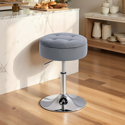 Velvet Bar Stool with Hidden Storage, Swivel & Height Adjustable Counter Stool, Gray