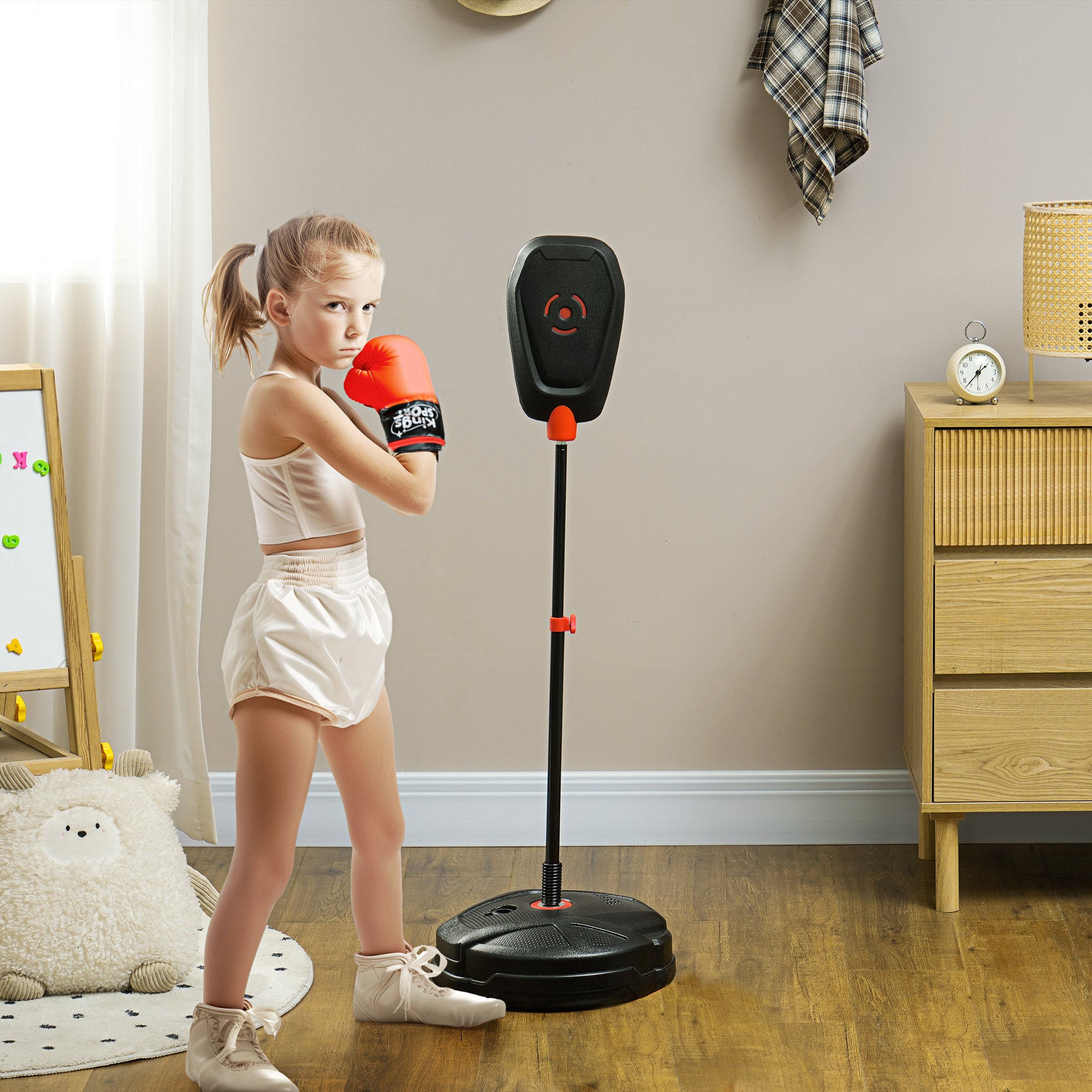 Punching Ball for Kids, Punching Bag 88-124 cm height-adjustable Boxing Stand with Boxing Gloves, Boxing Set with water/sand fillable stands for 5-10 years old kids, Steel, Black