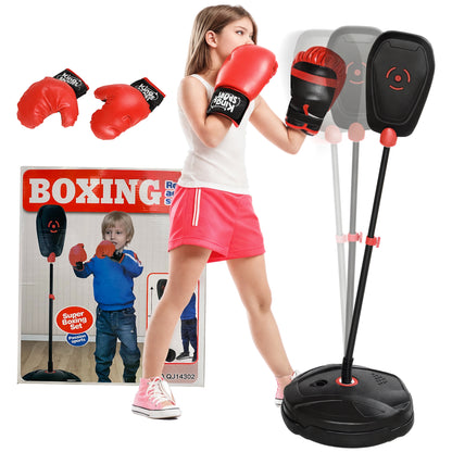 Punching Ball for Kids, Punching Bag 88-124 cm height-adjustable Boxing Stand with Boxing Gloves, Boxing Set with water/sand fillable stands for 5-10 years old kids, Steel, Black
