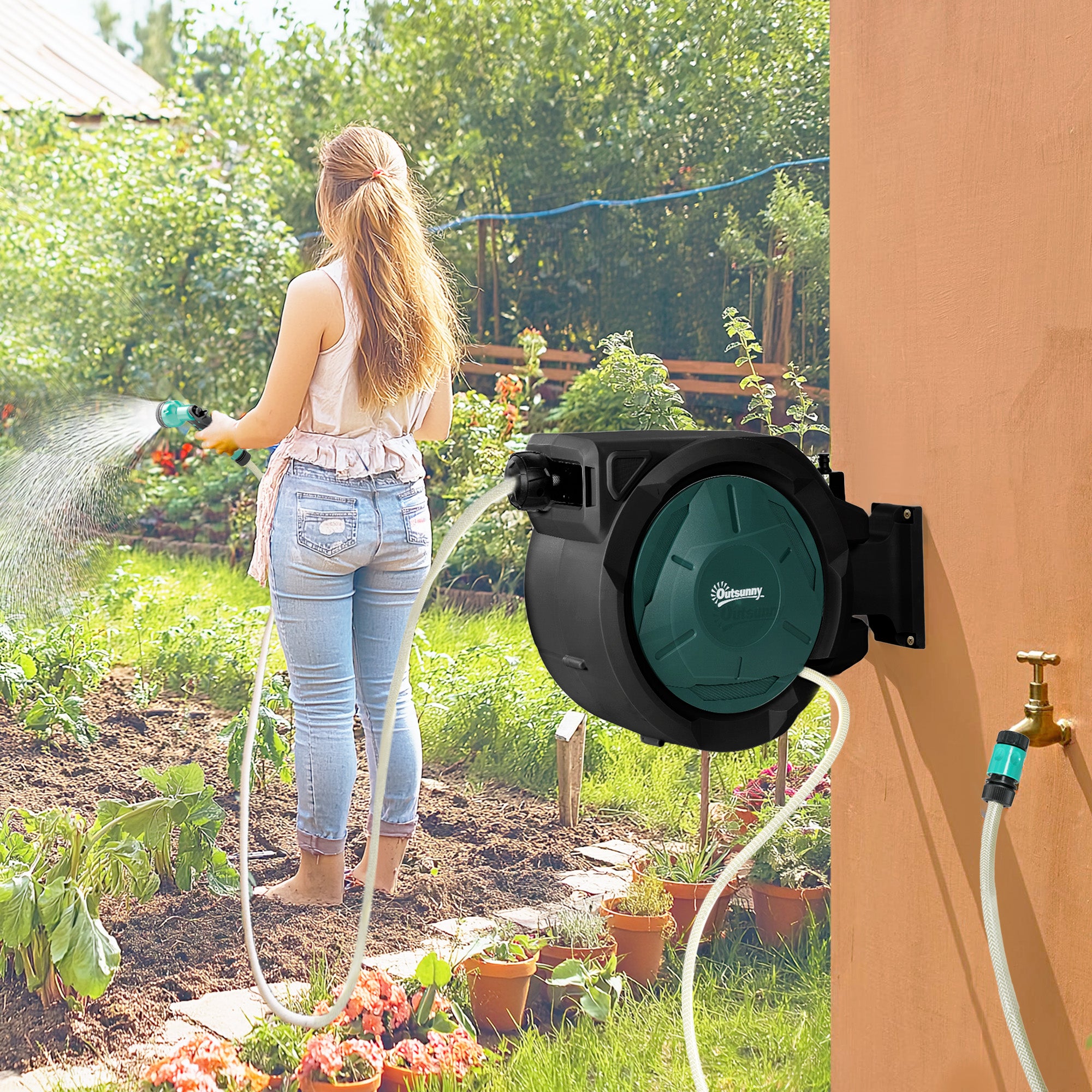 Hose Reel, Water Hose Cart, 30+2 m, with Wall Mount + Handle, 180° swivel, 7 Watering Options, Black