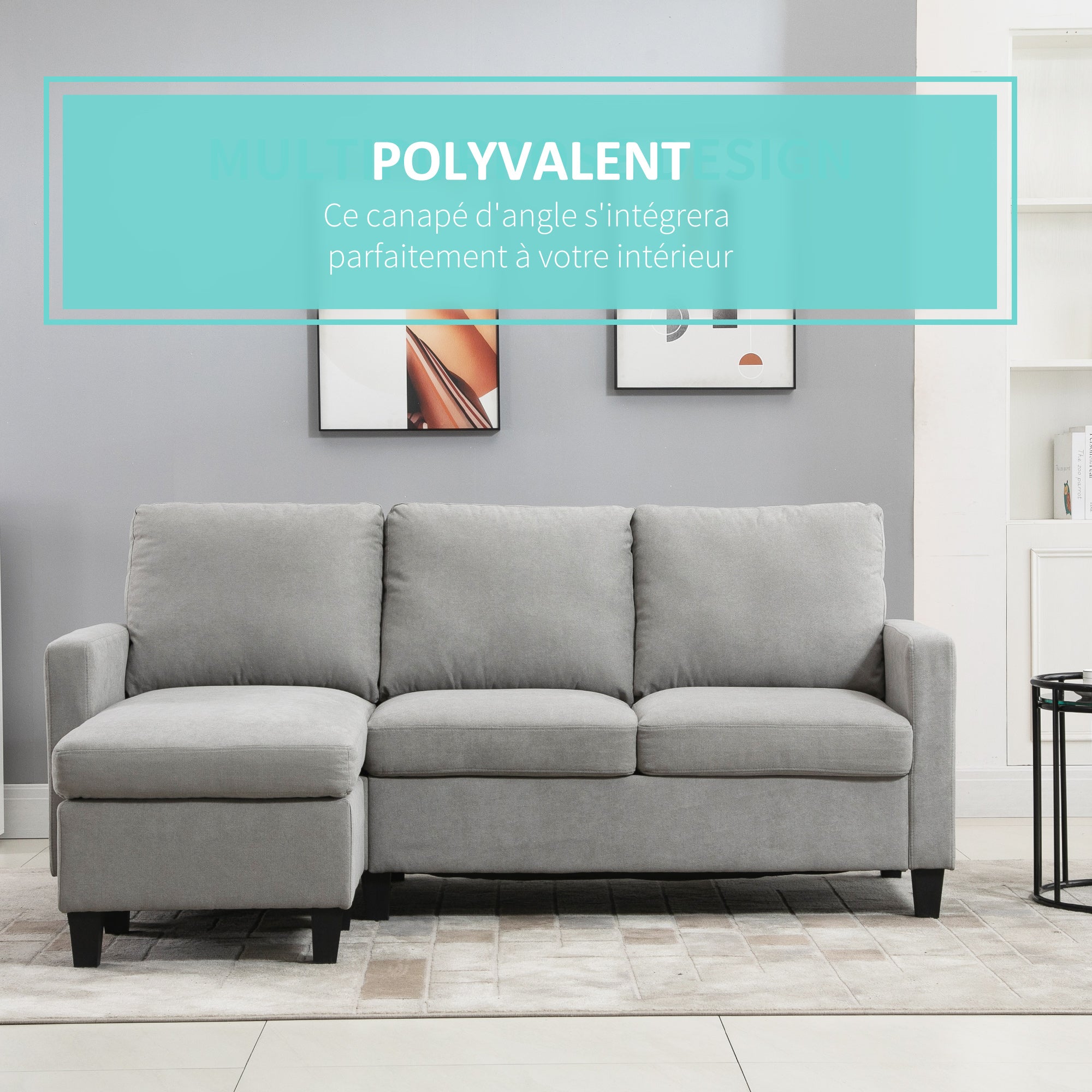 3-Seater Corner Sofa with Reversible Chaise Left or Right for Living Room, Office, Apartment, Polyester Fabric 197L x 139W x 91H cm Light Gray