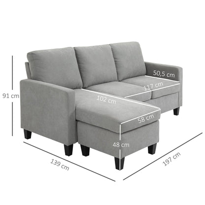 3-Seater Corner Sofa with Reversible Chaise Left or Right for Living Room, Office, Apartment, Polyester Fabric 197L x 139W x 91H cm Light Gray