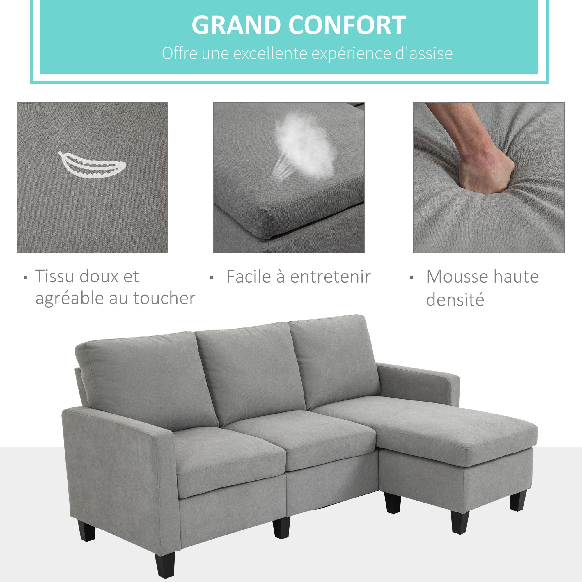 3-Seater Corner Sofa with Reversible Chaise Left or Right for Living Room, Office, Apartment, Polyester Fabric 197L x 139W x 91H cm Light Gray