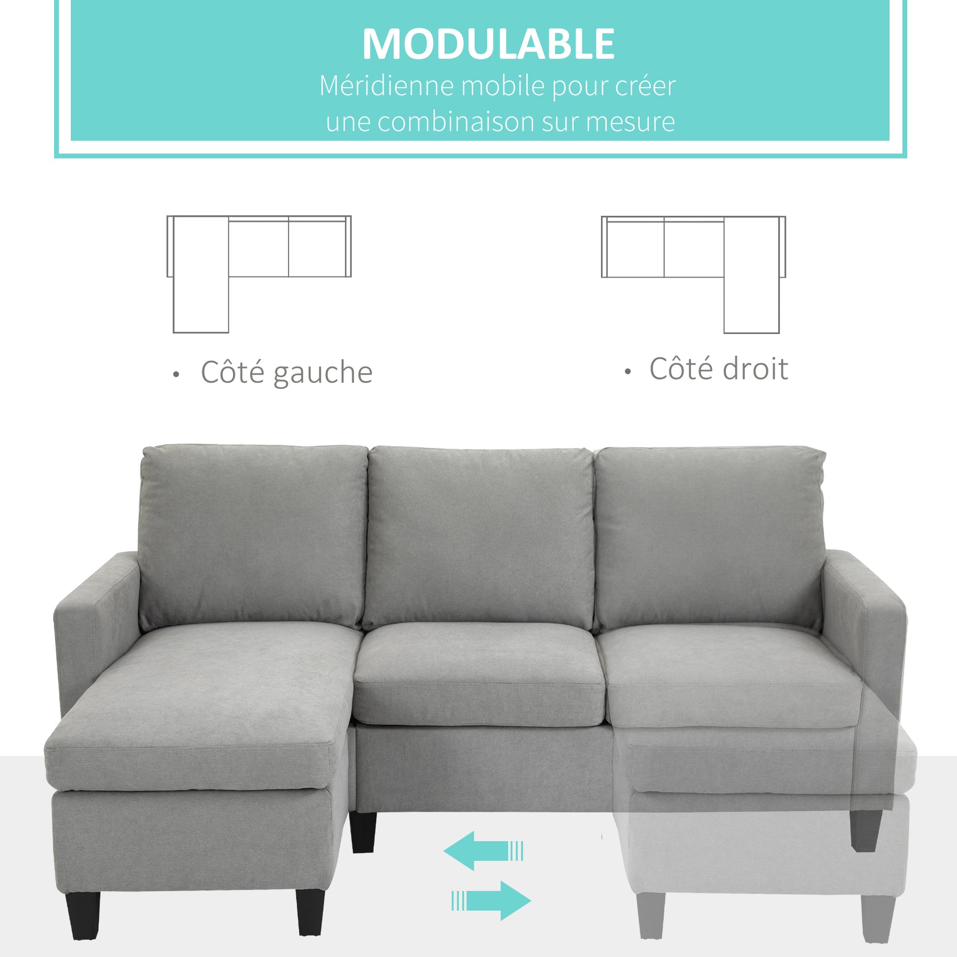 3-Seater Corner Sofa with Reversible Chaise Left or Right for Living Room, Office, Apartment, Polyester Fabric 197L x 139W x 91H cm Light Gray