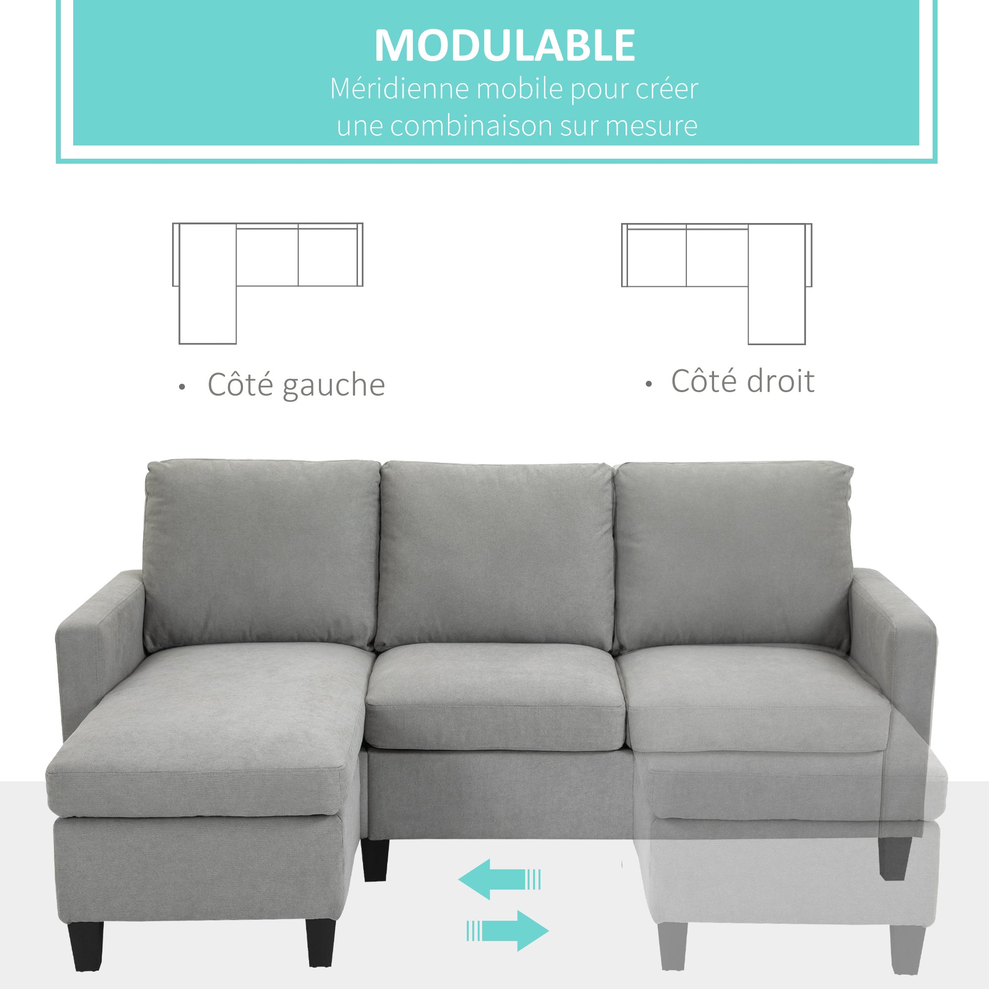 3-Seater Corner Sofa with Reversible Chaise Left or Right for Living Room, Office, Apartment, Polyester Fabric 197L x 139W x 91H cm Light Gray
