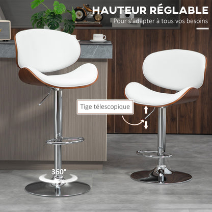Set of 2 bar stools kitchen chairs with synthetic leather backrest adjustable height swivel footrest white