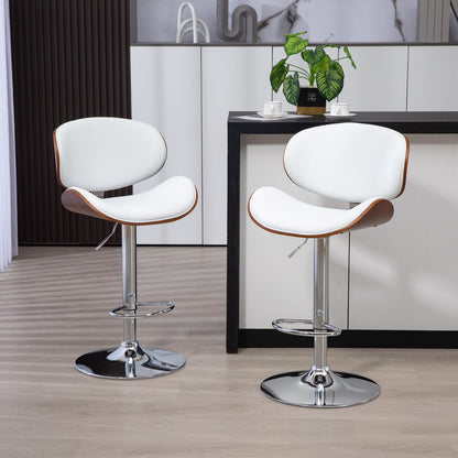 Set of 2 bar stools kitchen chairs with synthetic leather backrest adjustable height swivel footrest white