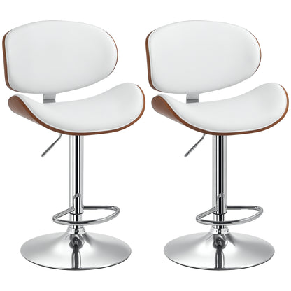 Set of 2 bar stools kitchen chairs with synthetic leather backrest adjustable height swivel footrest white
