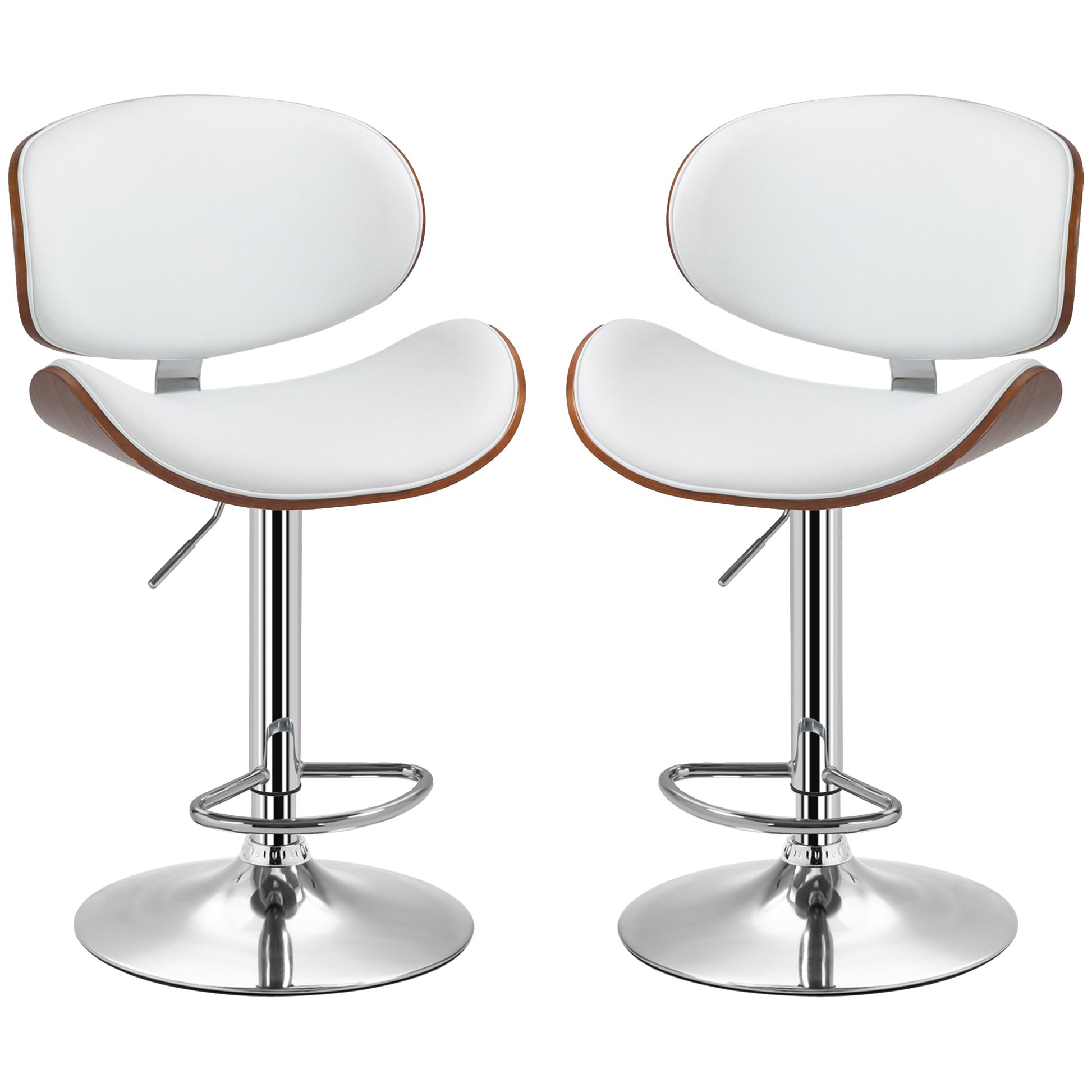 Set of 2 bar stools kitchen chairs with synthetic leather backrest adjustable height swivel footrest white