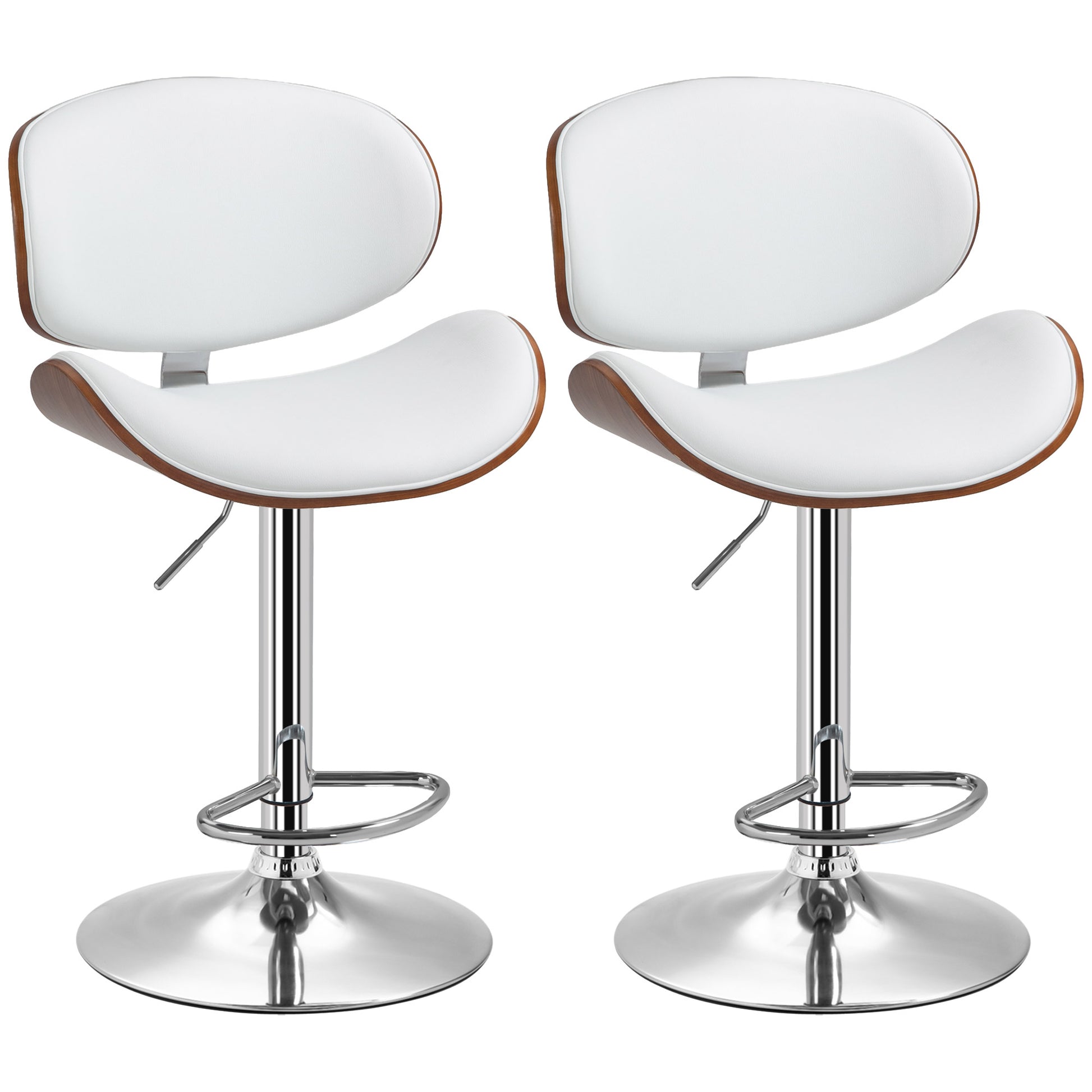 Set of 2 bar stools kitchen chairs with synthetic leather backrest adjustable height swivel footrest white