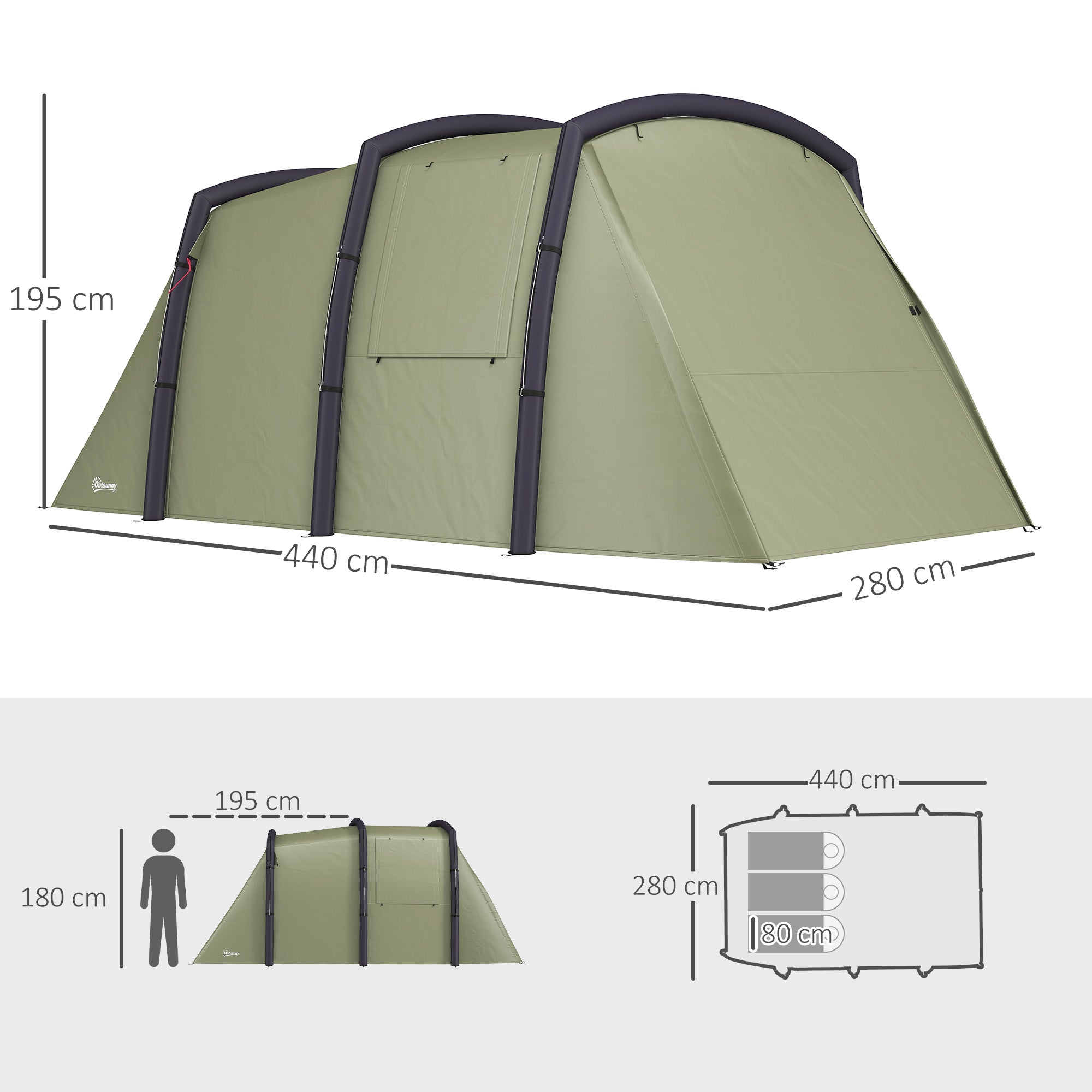 Inflatable Family Tunnel Tent for 3–6 People — Glamping Tent with Vestibule, Mesh Windows, Carry Bag, UPF50+ UV Protection, Waterproof, Olive