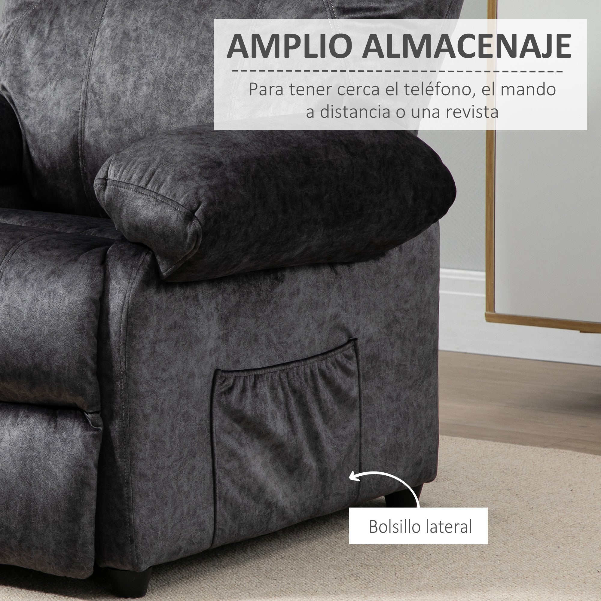 Manual Reclining Chair Upholstered in Padded Velvet Reclining Chair with Retractable Footrest and Side Pockets for Living Room Office Bedroom 88x91x108 cm Black