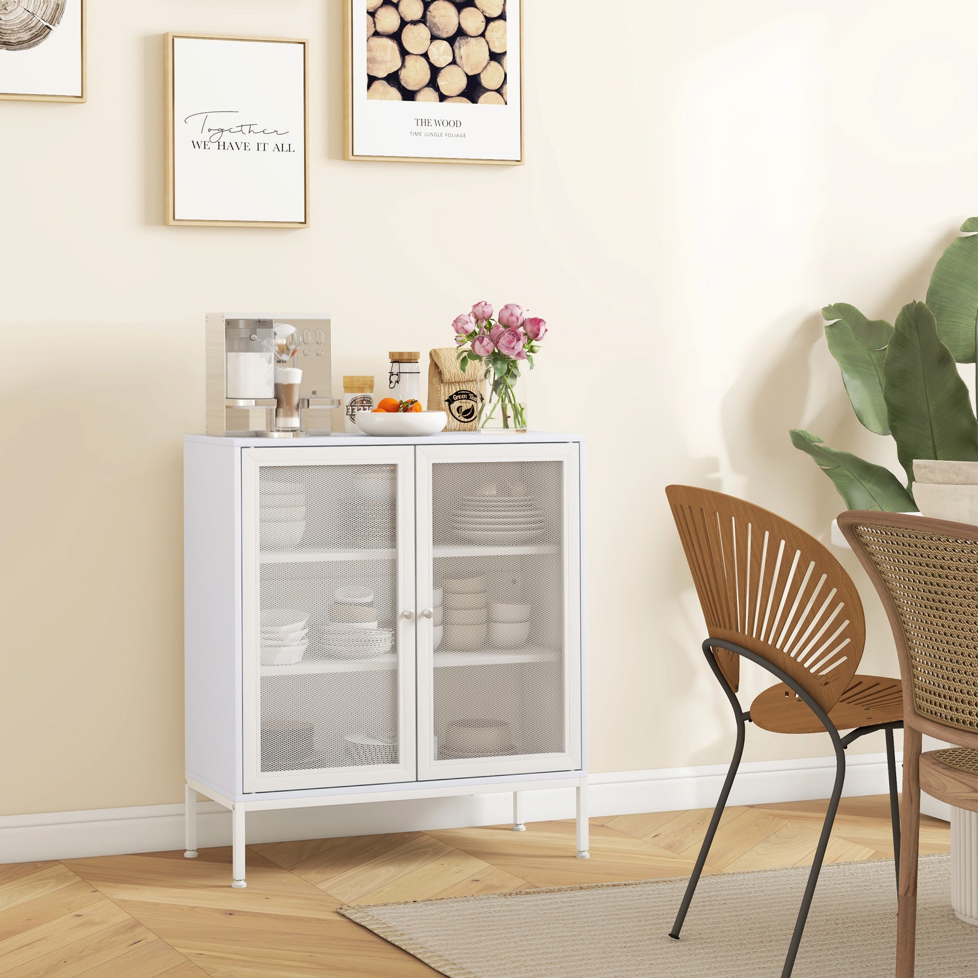 3-Tier Kitchen Sideboard Sideboard with Mesh Doors and Adjustable Shelf Modern Kitchen Buffet for Living Room Dining Room 80x37x92 cm White