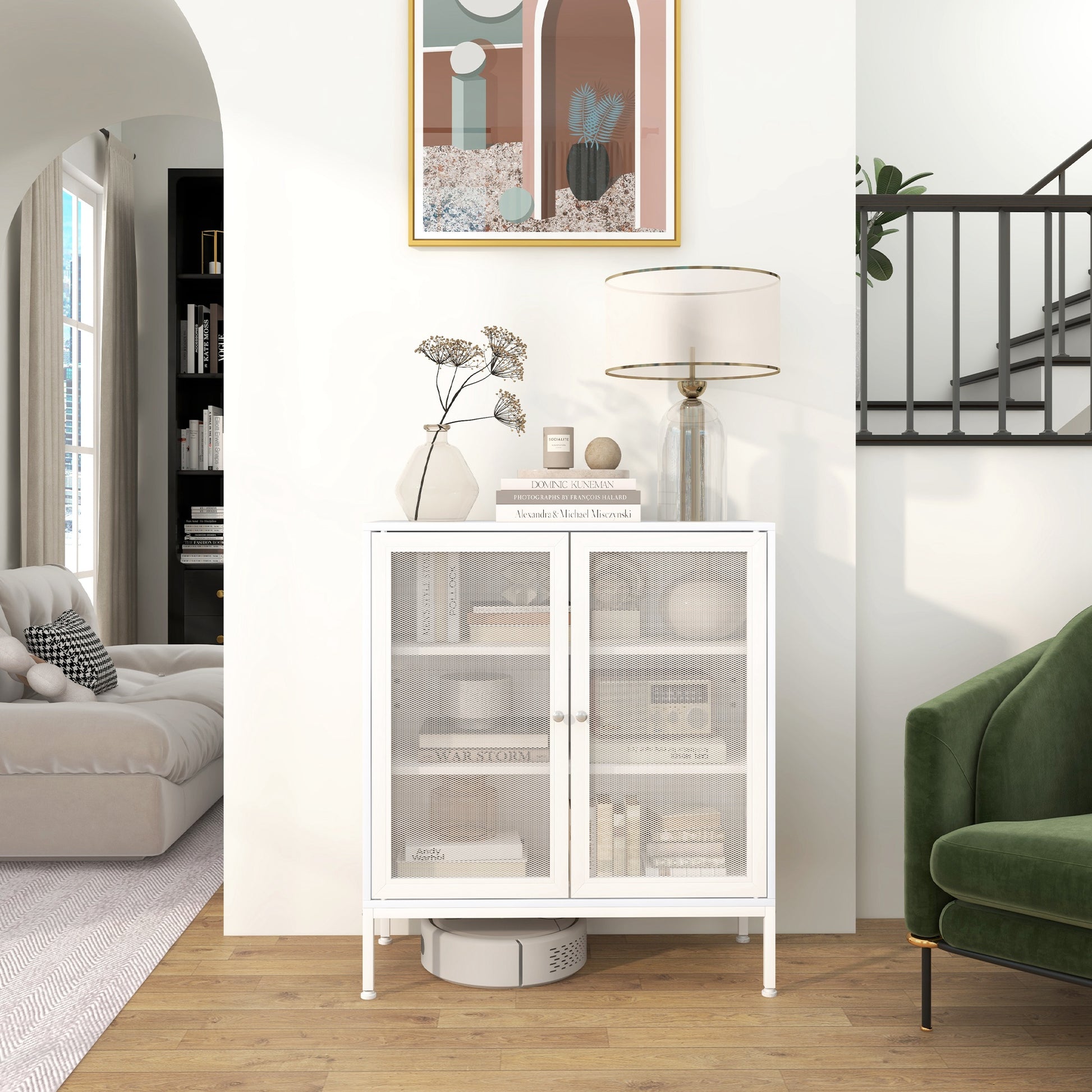 3-Tier Kitchen Sideboard Sideboard with Mesh Doors and Adjustable Shelf Modern Kitchen Buffet for Living Room Dining Room 80x37x92 cm White