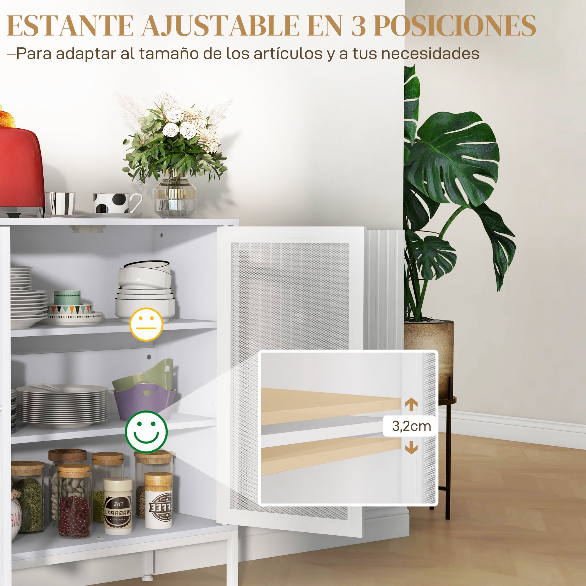 3-Tier Kitchen Sideboard Sideboard with Mesh Doors and Adjustable Shelf Modern Kitchen Buffet for Living Room Dining Room 80x37x92 cm White