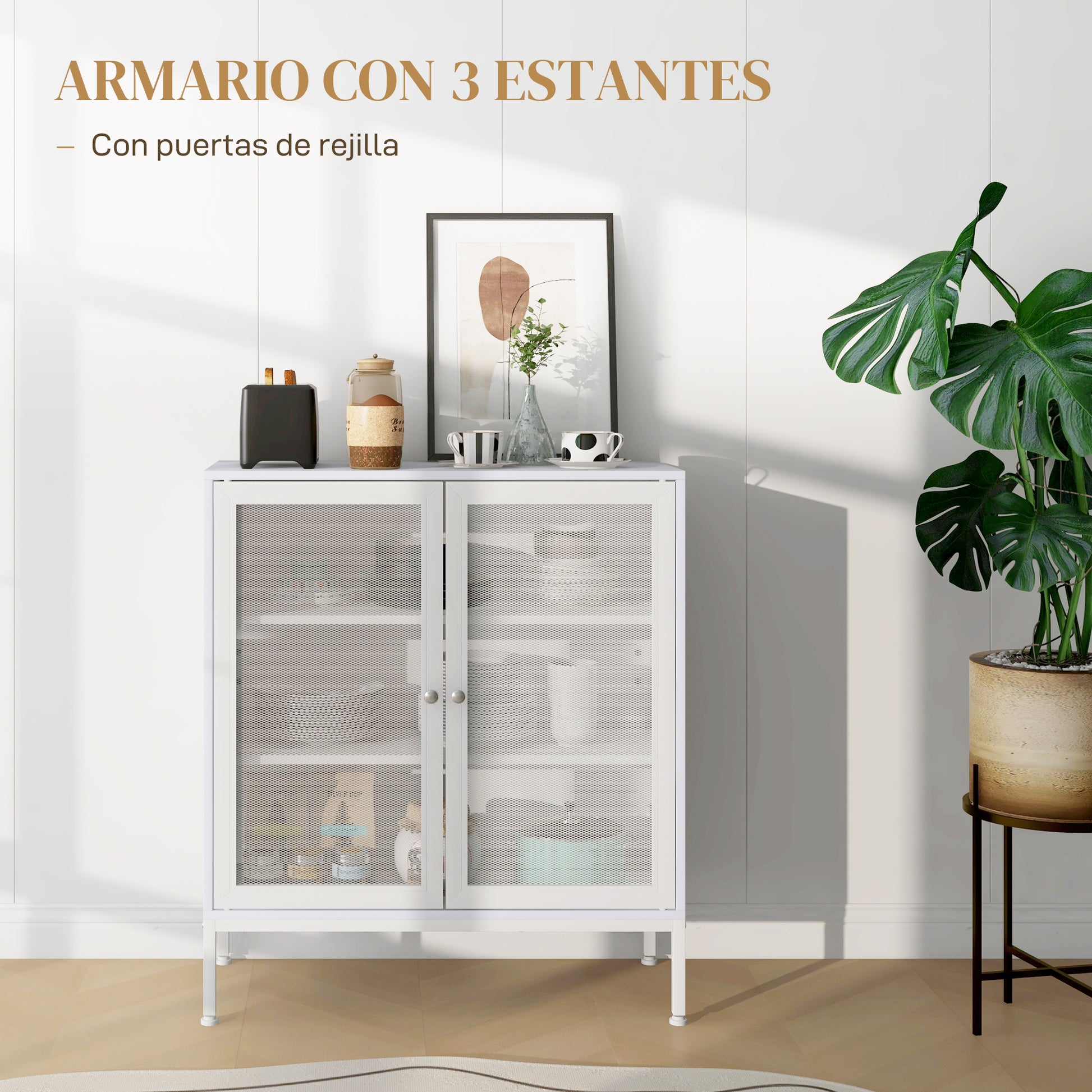 3-Tier Kitchen Sideboard Sideboard with Mesh Doors and Adjustable Shelf Modern Kitchen Buffet for Living Room Dining Room 80x37x92 cm White