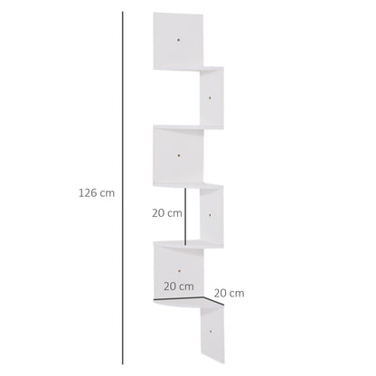 Zigzag Shaped Wall Corner Shelf Storage Unit 20L x 20W x 126H cm 5 Levels White Wood