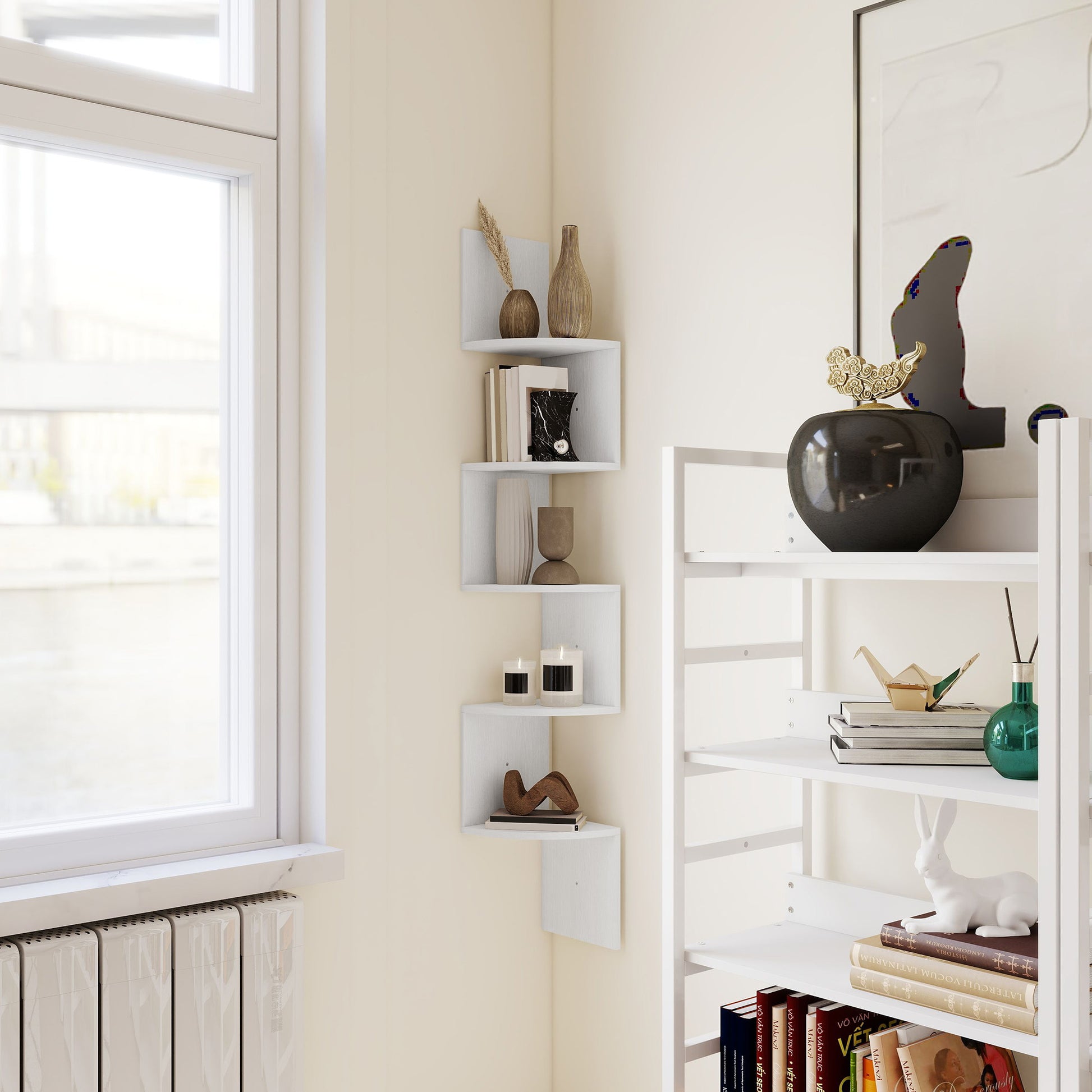 Zigzag Shaped Wall Corner Shelf Storage Unit 20L x 20W x 126H cm 5 Levels White Wood