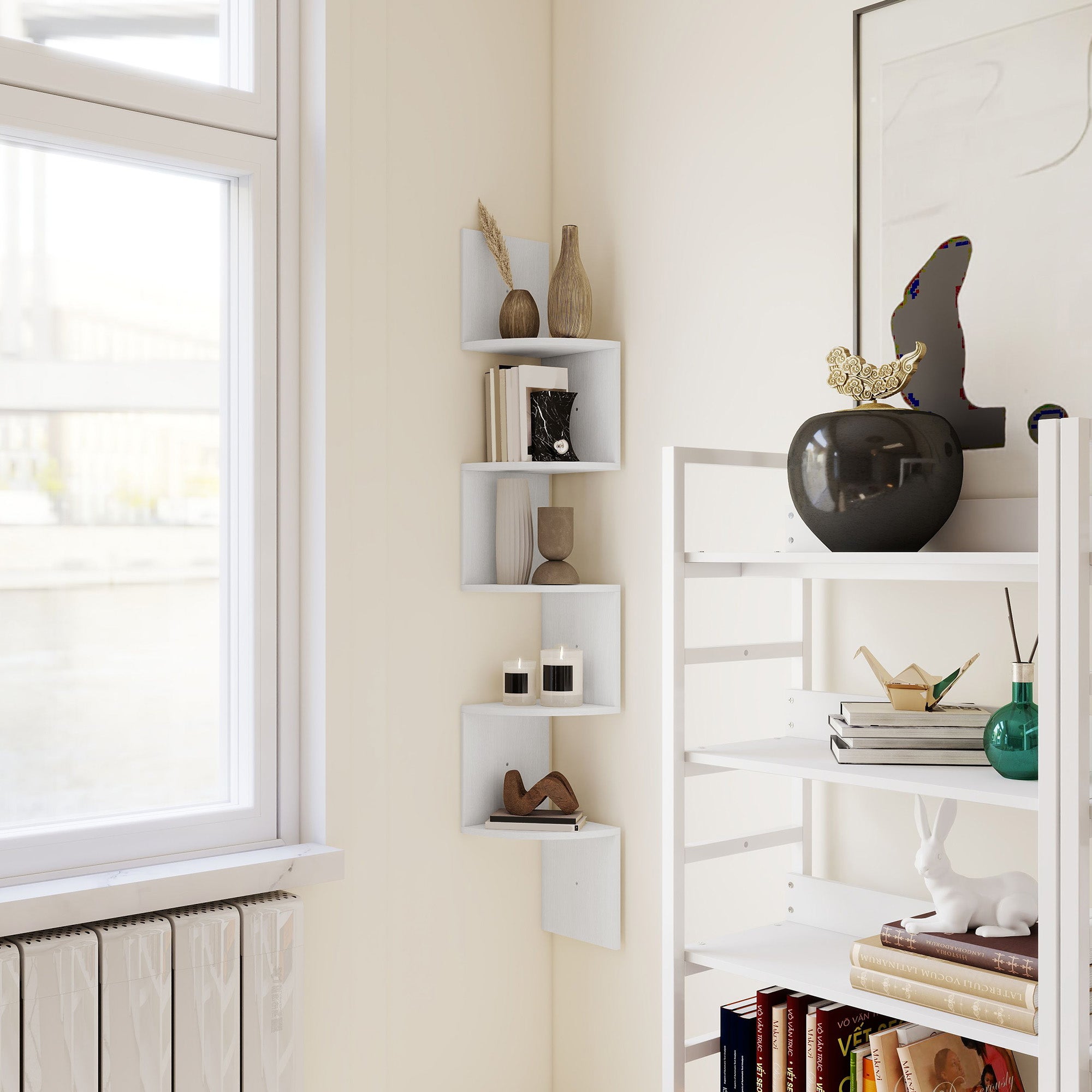 Zigzag Shaped Wall Corner Shelf Storage Unit 20L x 20W x 126H cm 5 Levels White Wood