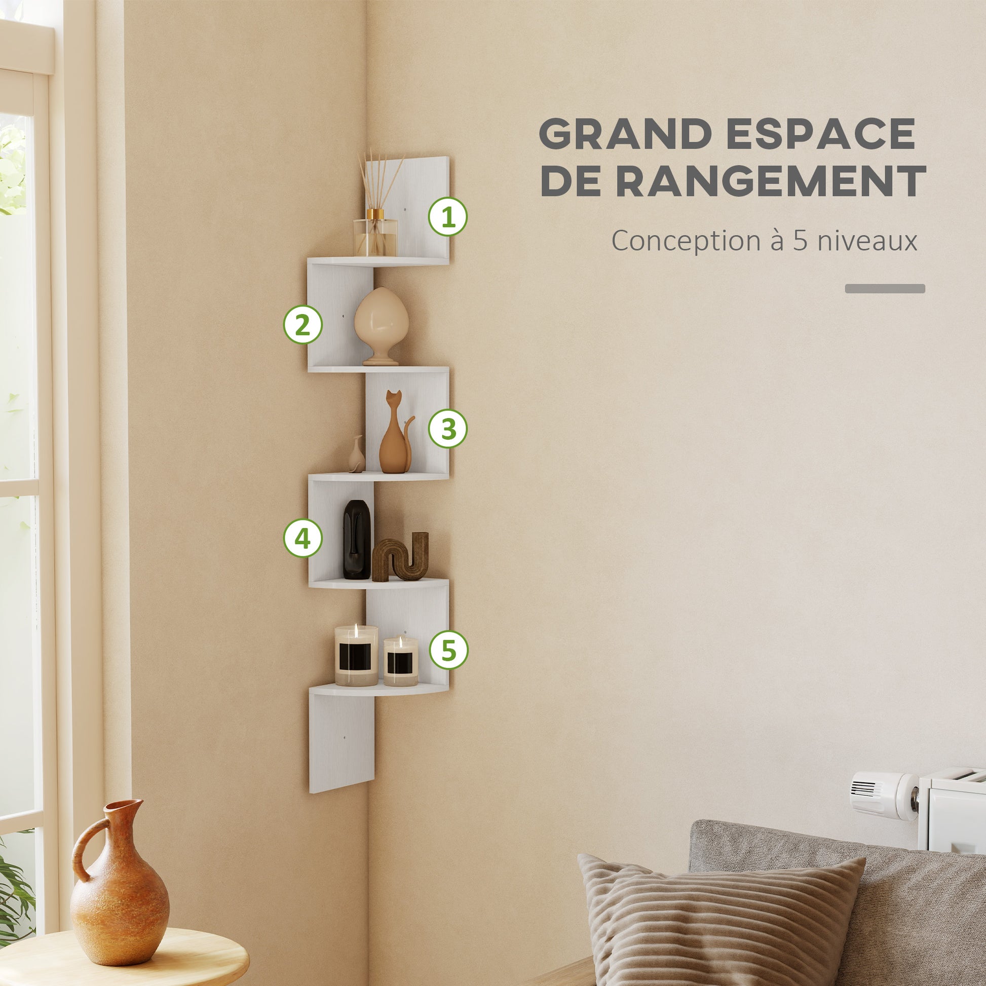 Zigzag Shaped Wall Corner Shelf Storage Unit 20L x 20W x 126H cm 5 Levels White Wood