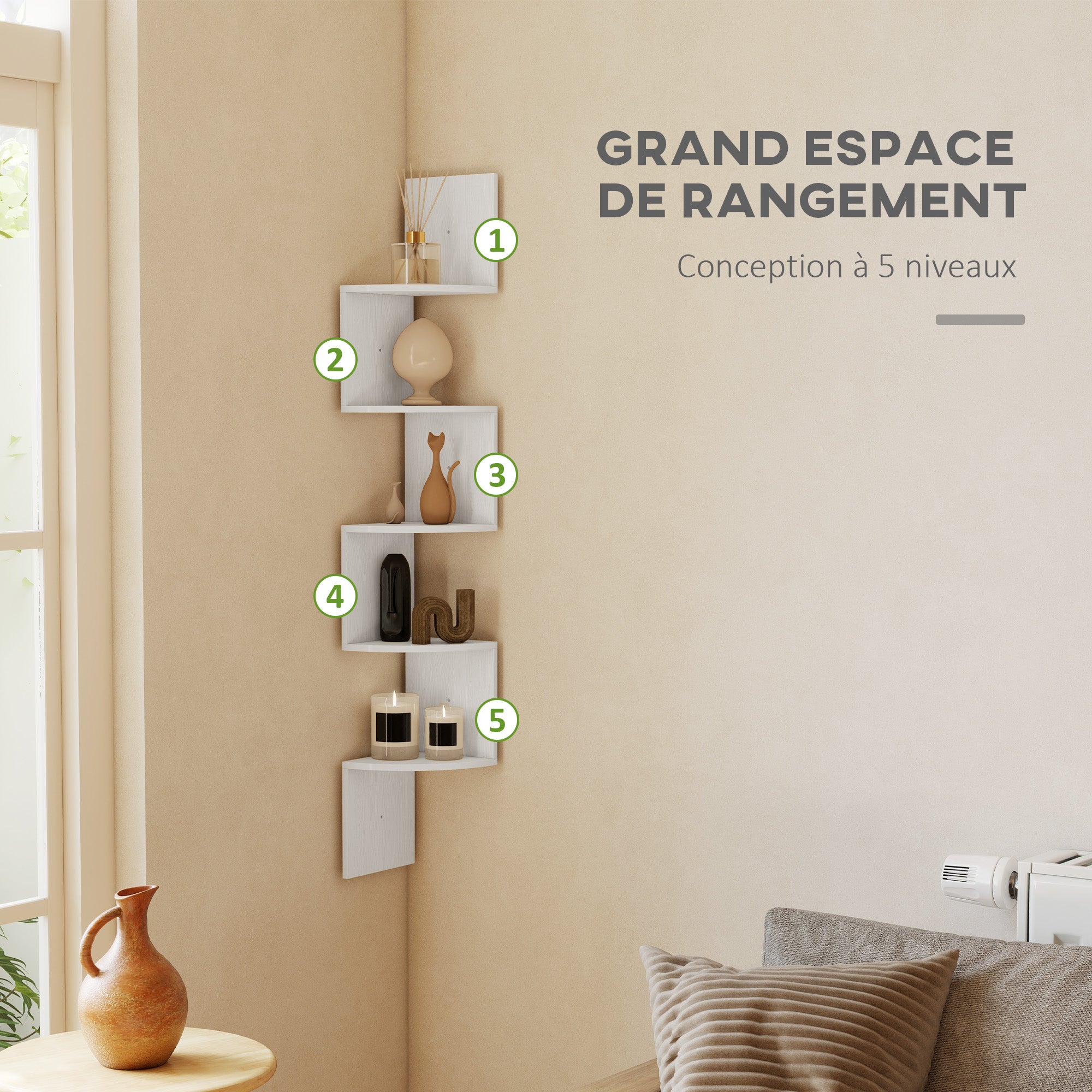 Zigzag Shaped Wall Corner Shelf Storage Unit 20L x 20W x 126H cm 5 Levels White Wood